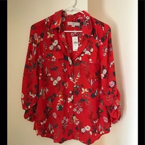 Loft Ann Taylor Red Floral Utility Blouse, Sz M
